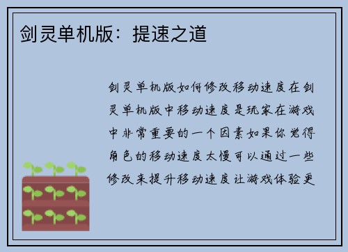 剑灵单机版：提速之道